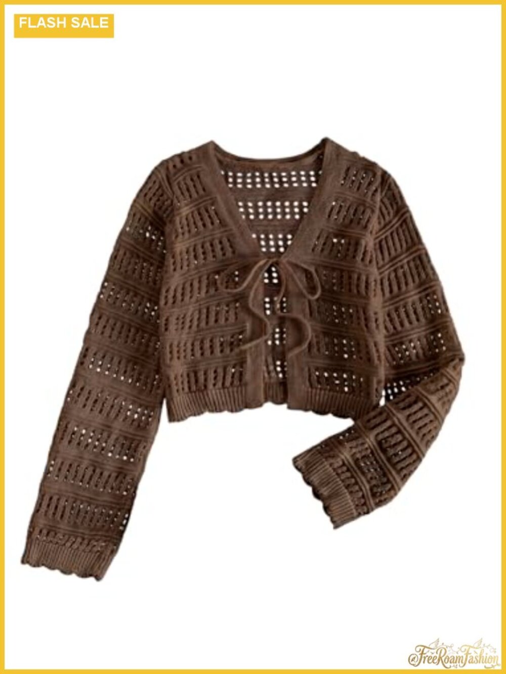 Crochet Tie Front Cardigan Sweater Women V-Neck Long Sleeve Knit